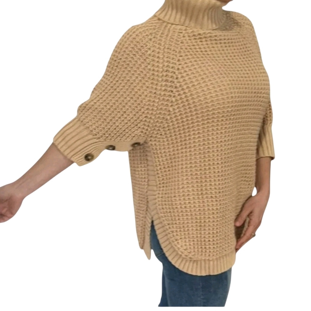 J.Crew Turtleneck Cotton Tan Poncho-Sweater Chunky Fisherman's Waffle Knit S/M